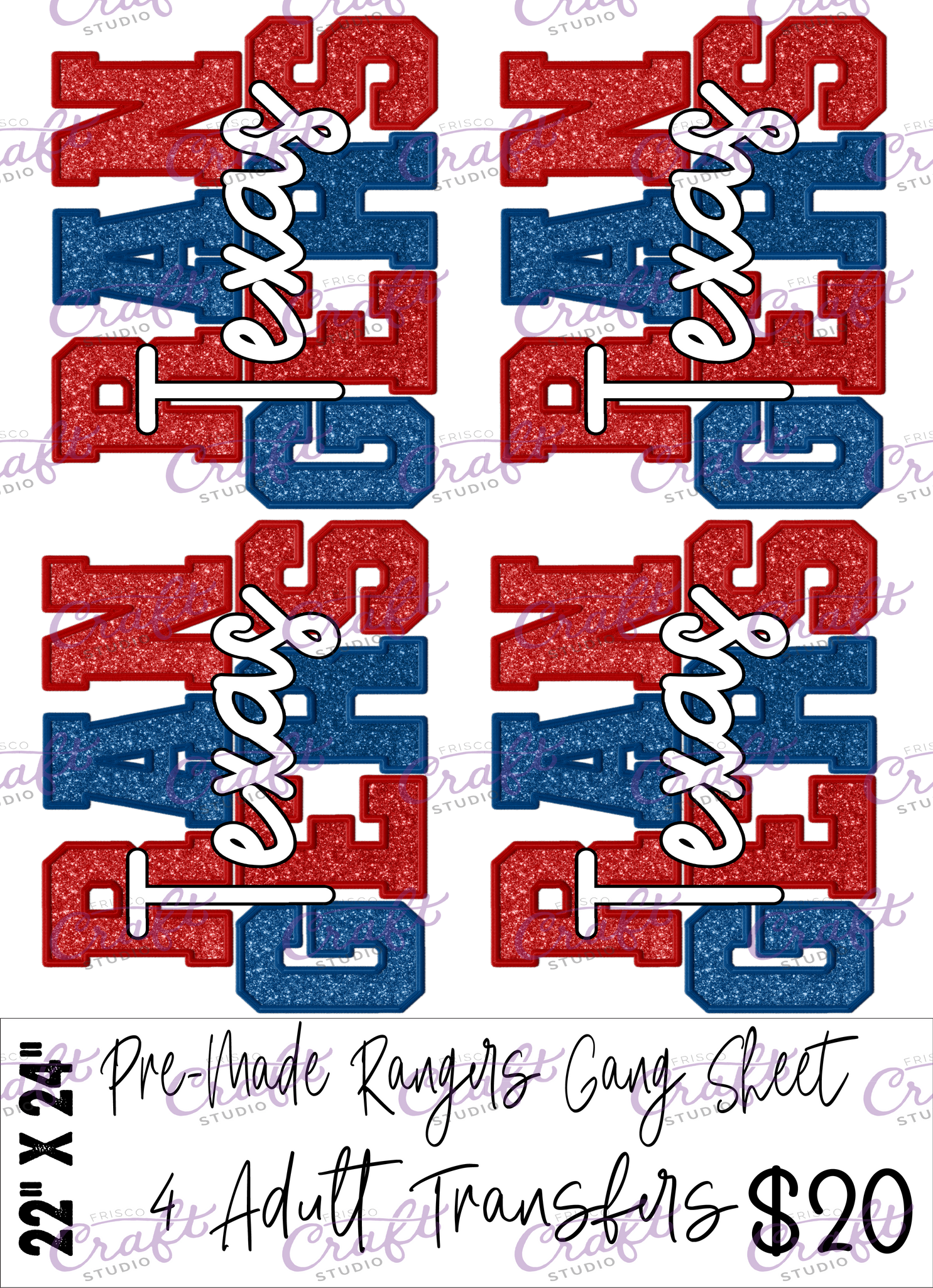 Pre made Gang Sheet-Texas Rangers (22x24)