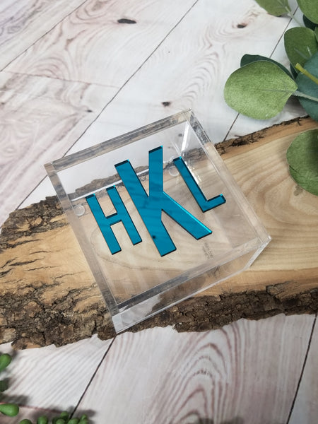 small acrylic jewelry box with sky blue mirror acrylic monogram on top