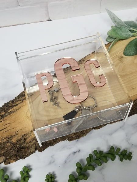Large acrylic box with rose gold mirror monogram